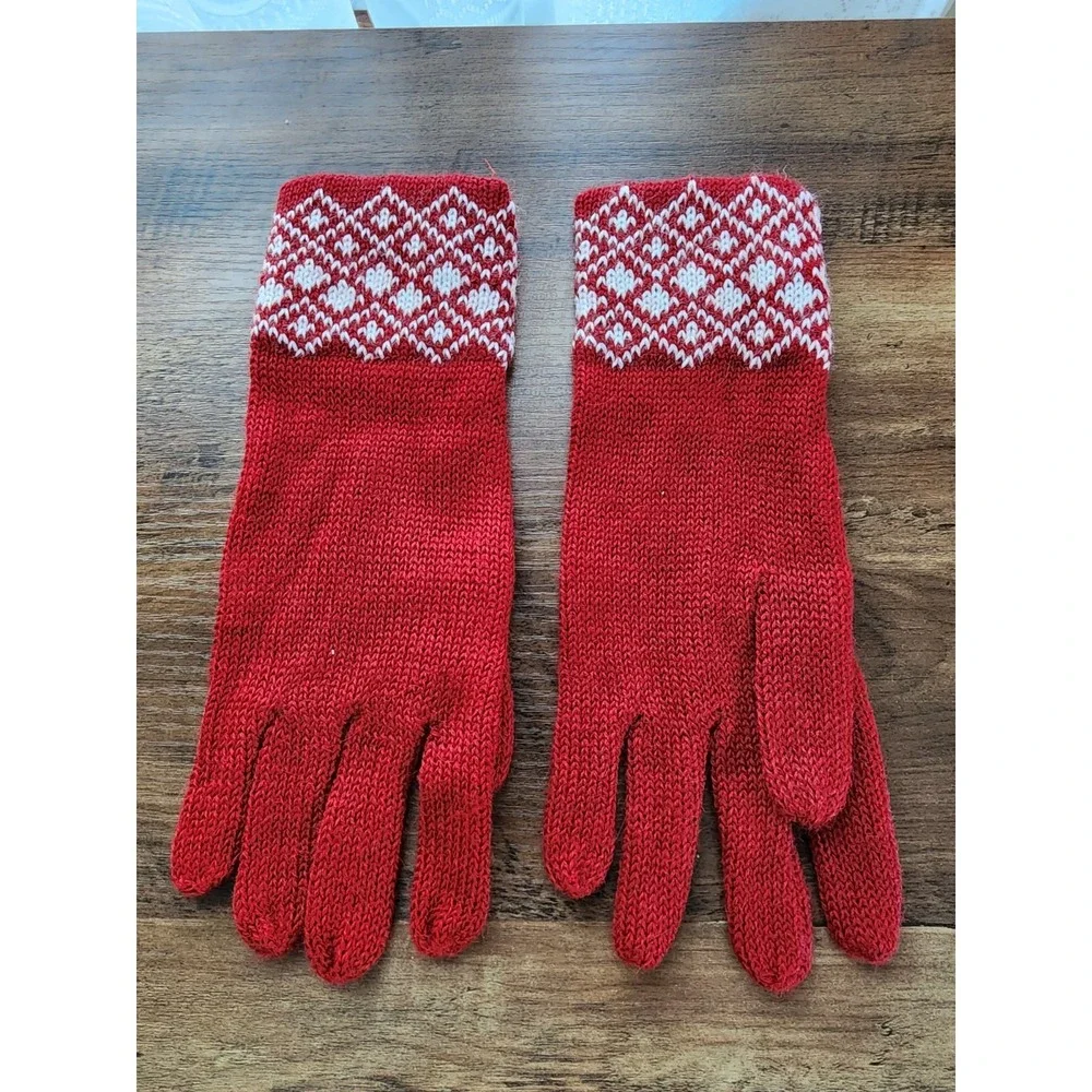 Alpaca Blend Knit Gloves Fair Isle Cuff Apres Ski Red Winter Cozy Cabin Chalet